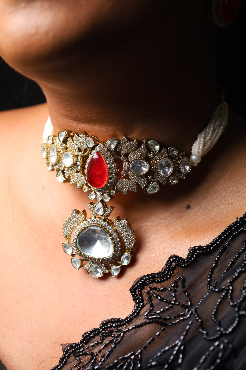 Royal Ruby Kundan Pearl Choker Necklace Set