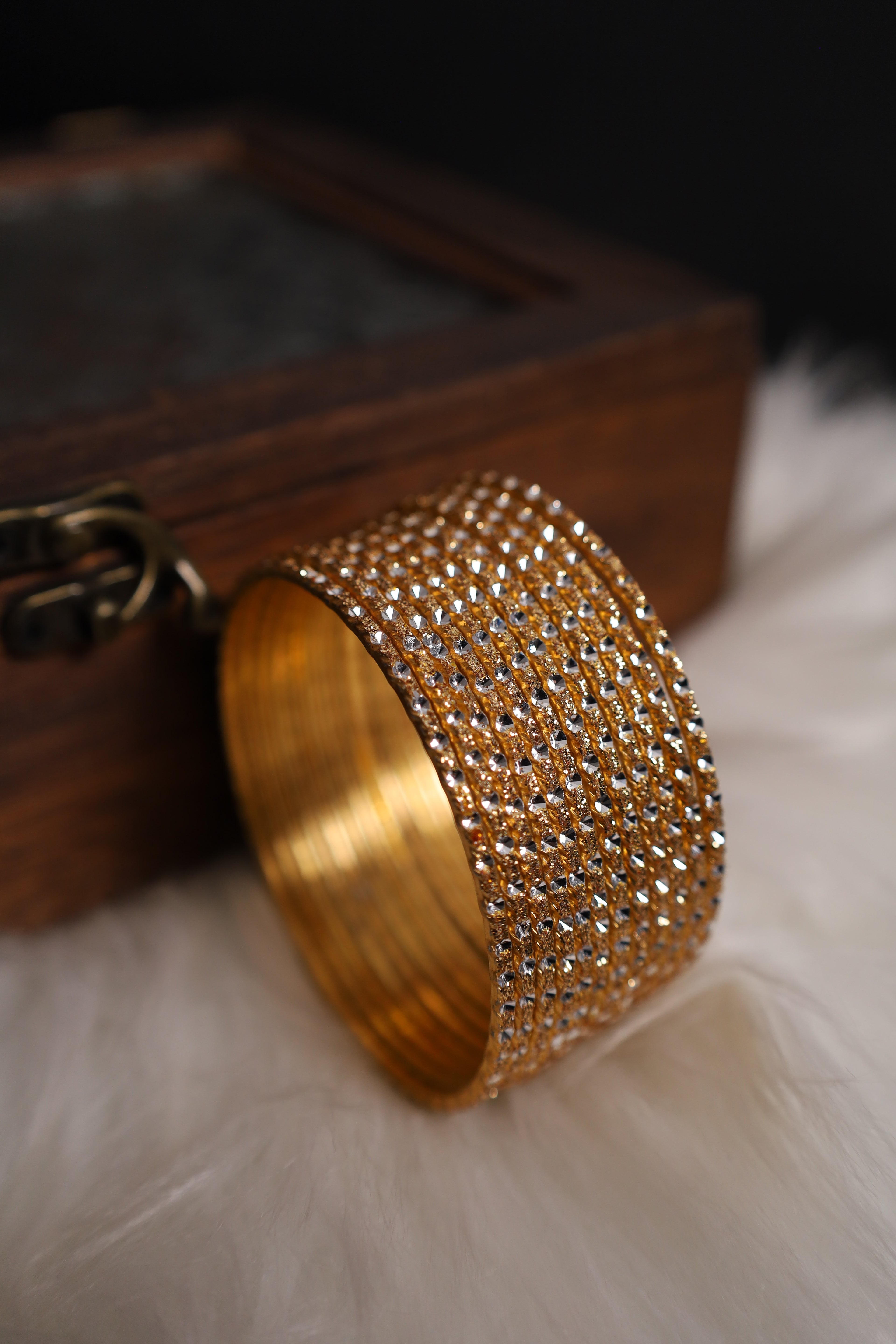 Gold Glitter Metal Bangles with Silver Cutting 12 Pieces