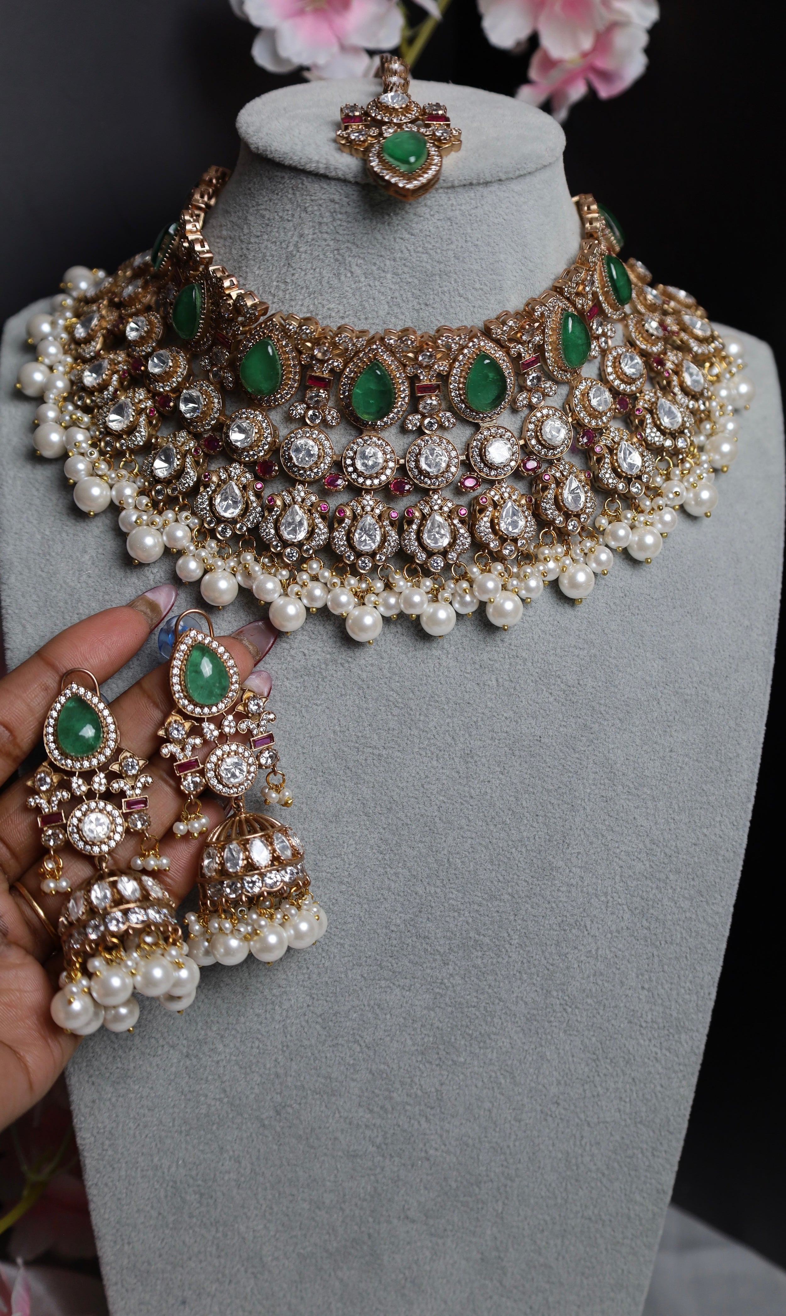 Kundan Green White Bridal Set