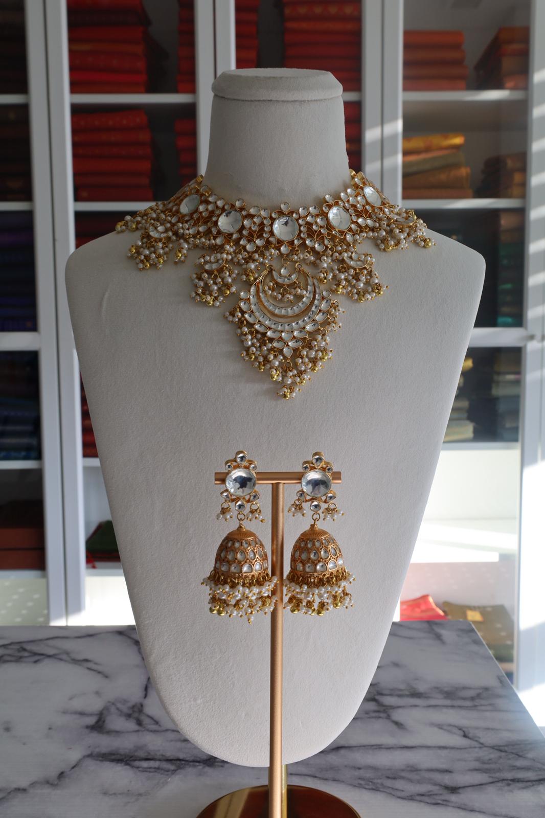 Luxury Gold Plated Gold/White Pachi Kundan Bridal Set