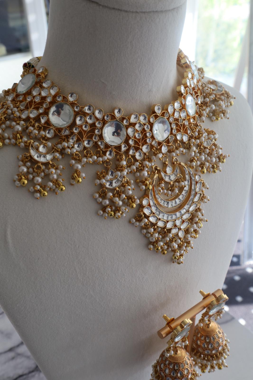 Luxury Gold Plated Gold/White Pachi Kundan Bridal Set