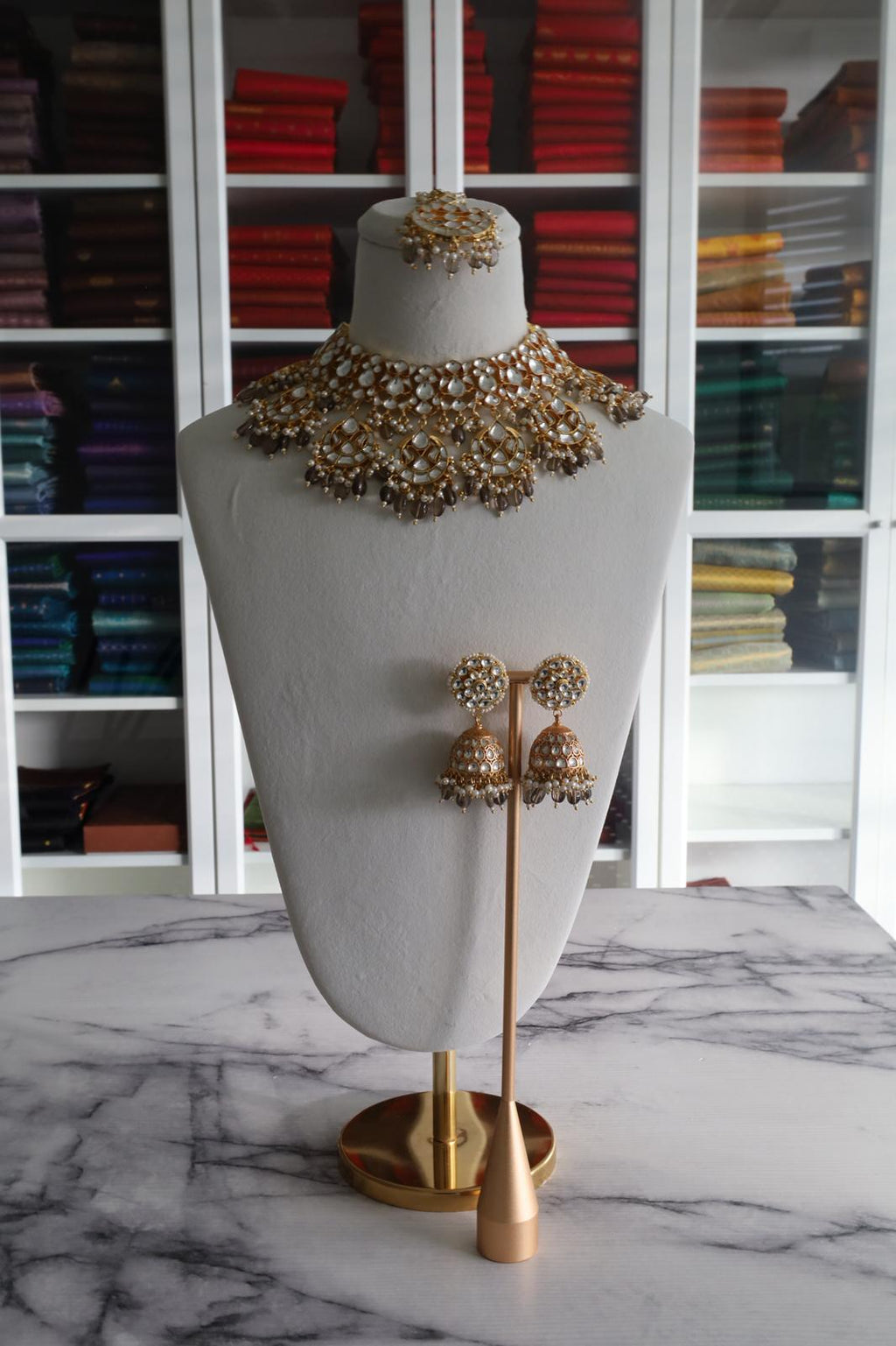 Luxury Gold Plated Grey/Brown Pachi Kundan Bridal Set