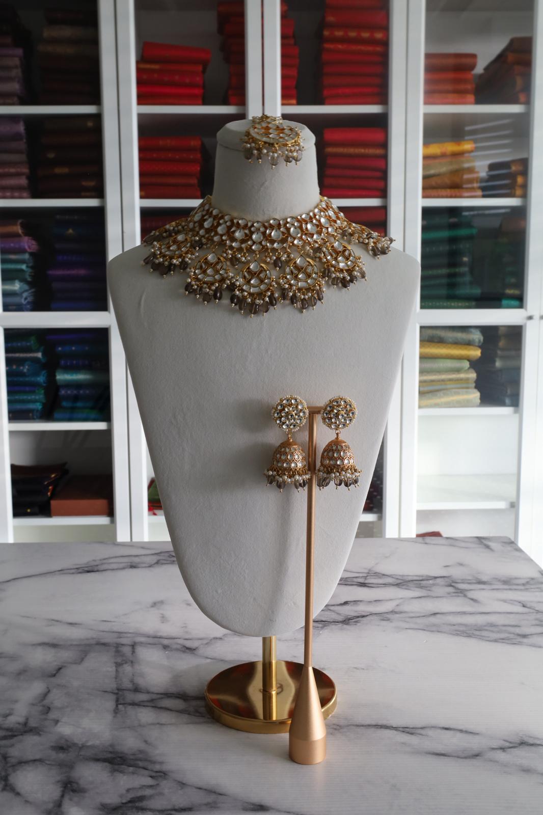 Luxury Gold Plated Grey/Brown Pachi Kundan Bridal Set