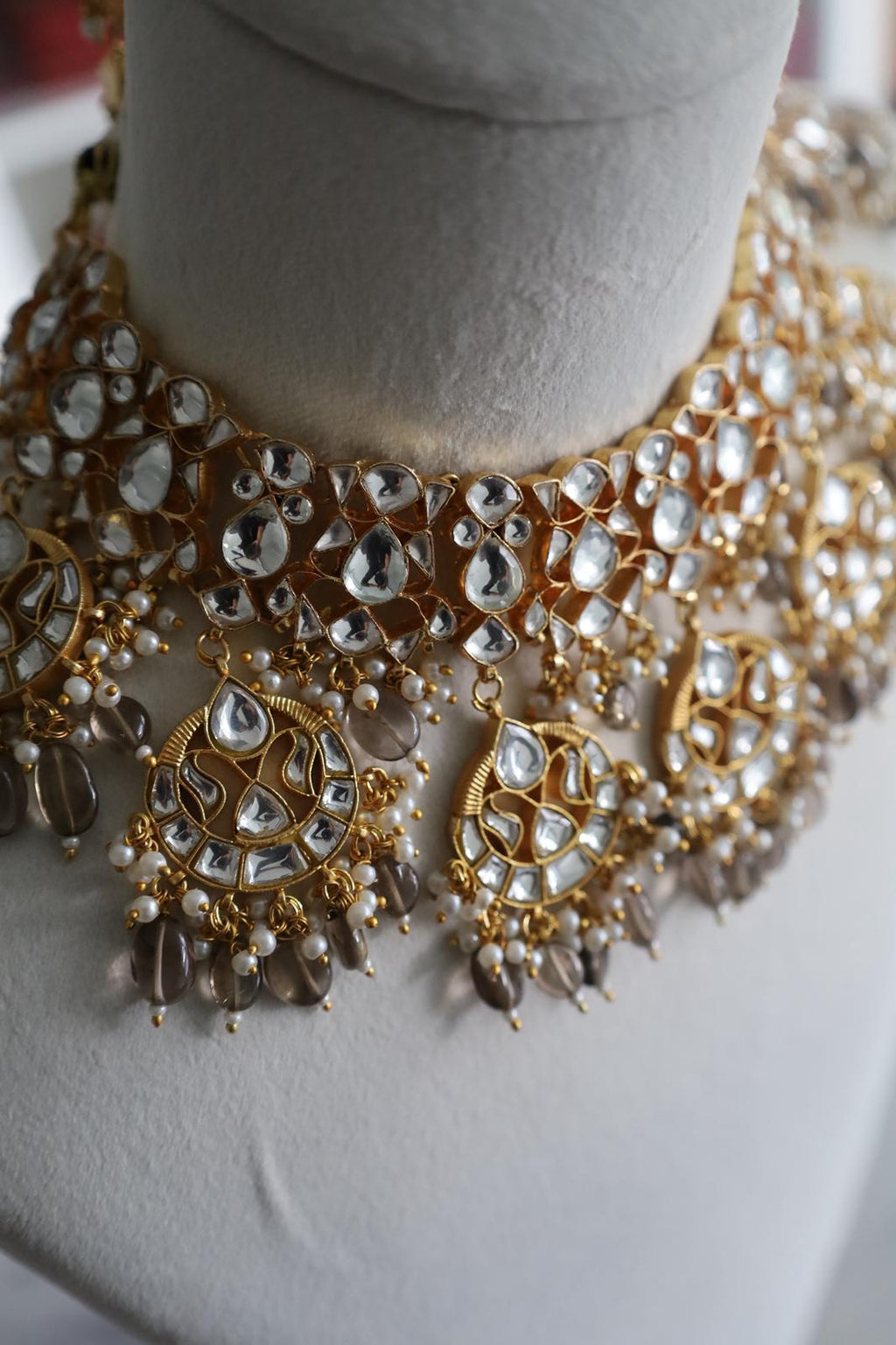 Luxury Gold Plated Grey/Brown Pachi Kundan Bridal Set