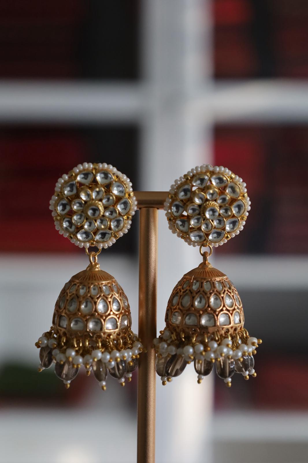 Luxury Gold Plated Grey/Brown Pachi Kundan Bridal Set