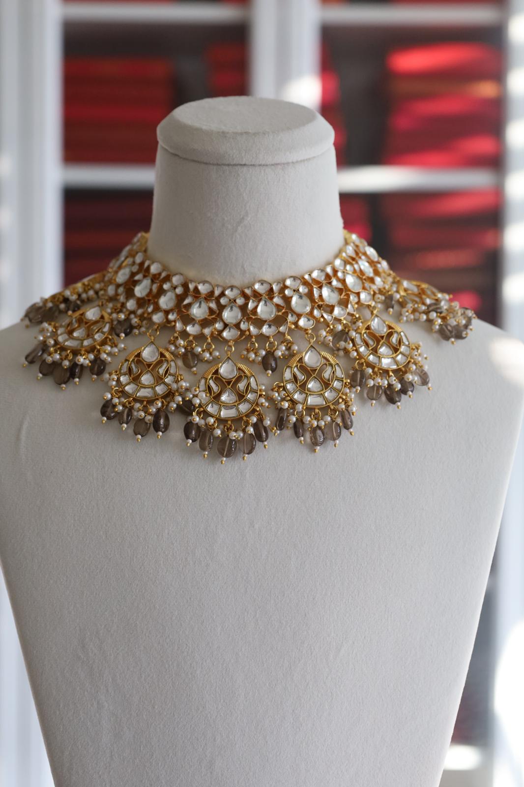 Luxury Gold Plated Grey/Brown Pachi Kundan Bridal Set