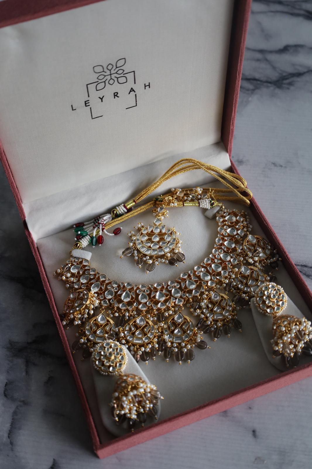 Luxury Gold Plated Grey/Brown Pachi Kundan Bridal Set