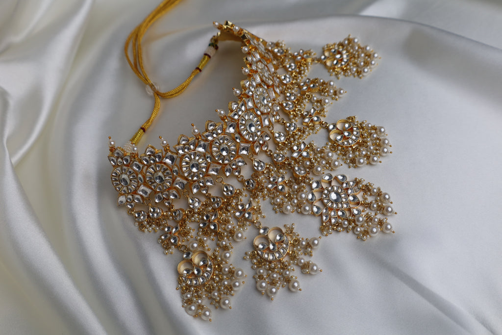 Luxury Gold Plated White Pachi Kundan Bridal Set