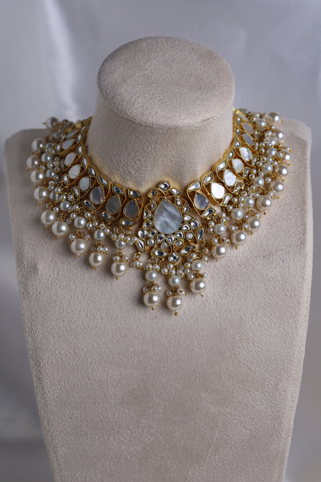Luxury Gold Plated White Pachi Kundan Bridal Set Small