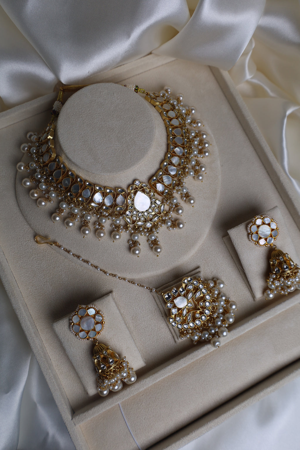 Luxury Gold Plated White Pachi Kundan Bridal Set Small