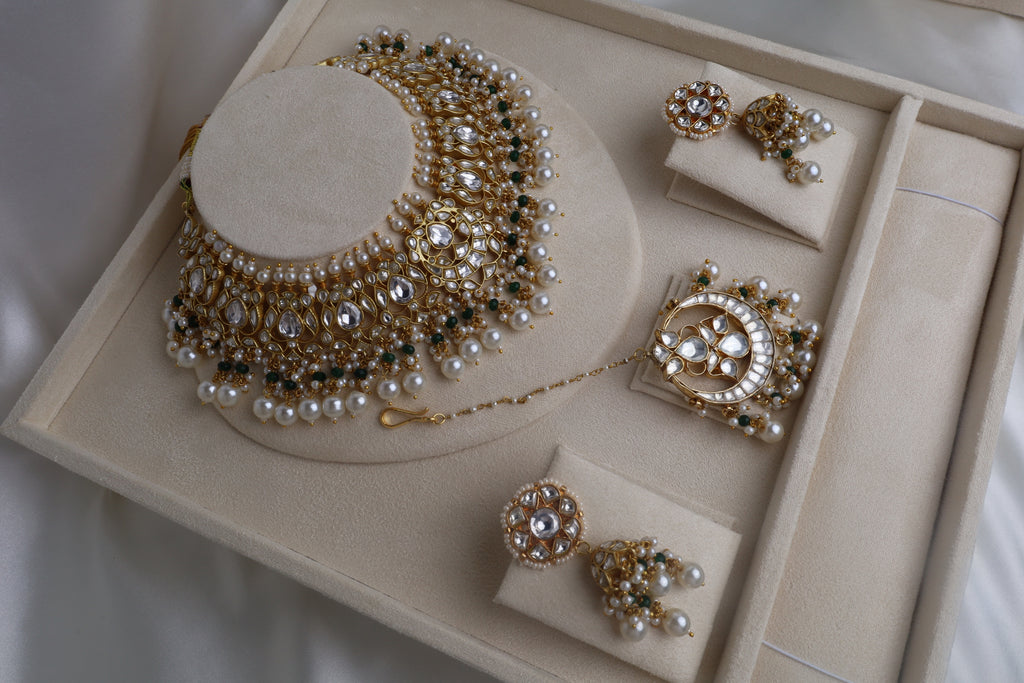 Luxury Gold Plated Green/White Pachi Kundan Bridal Set