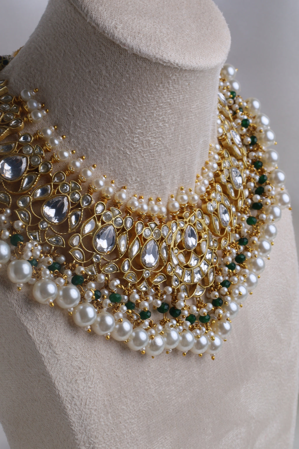 Luxury Gold Plated Green/White Pachi Kundan Bridal Set