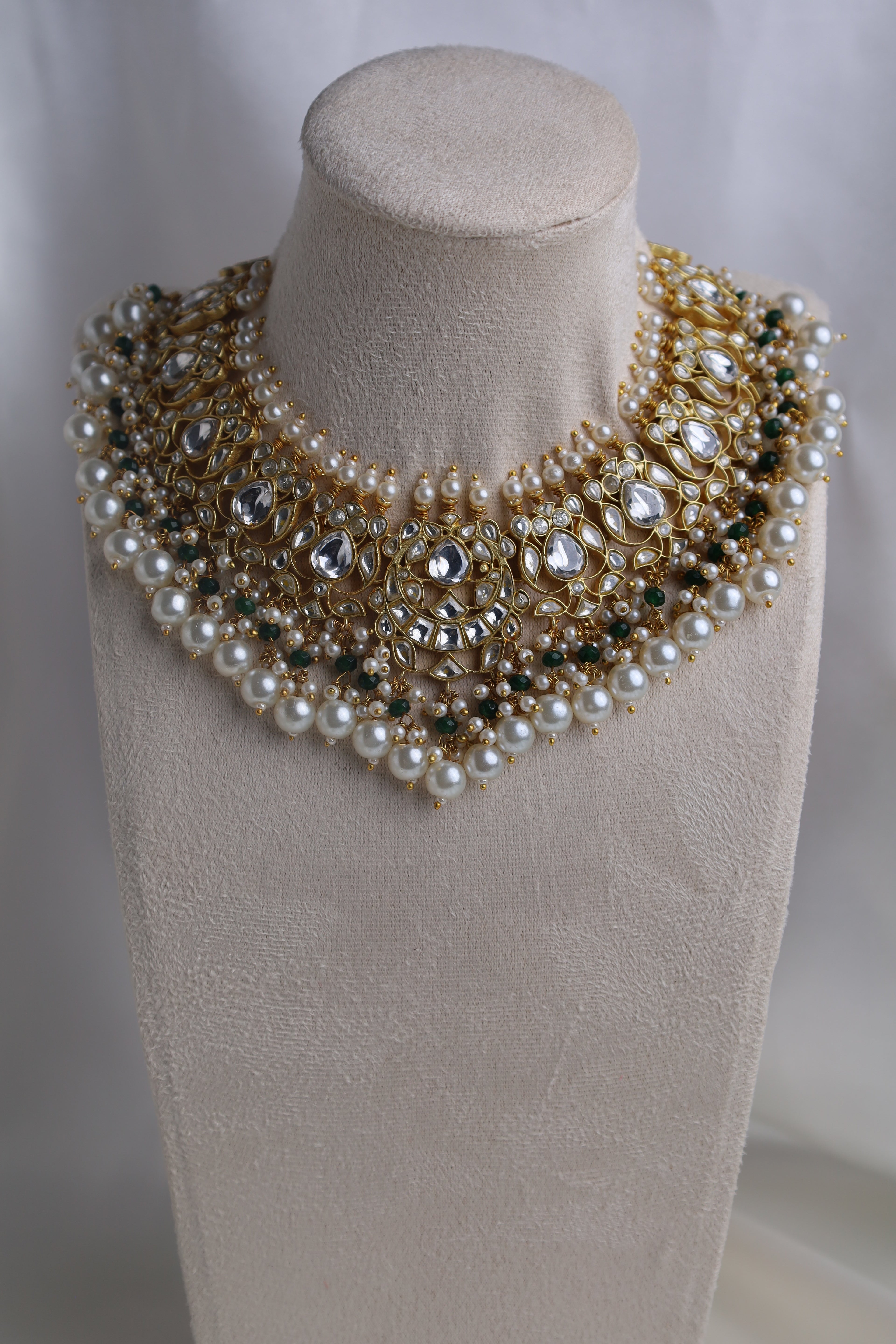 Luxury Gold Plated Green/White Pachi Kundan Bridal Set