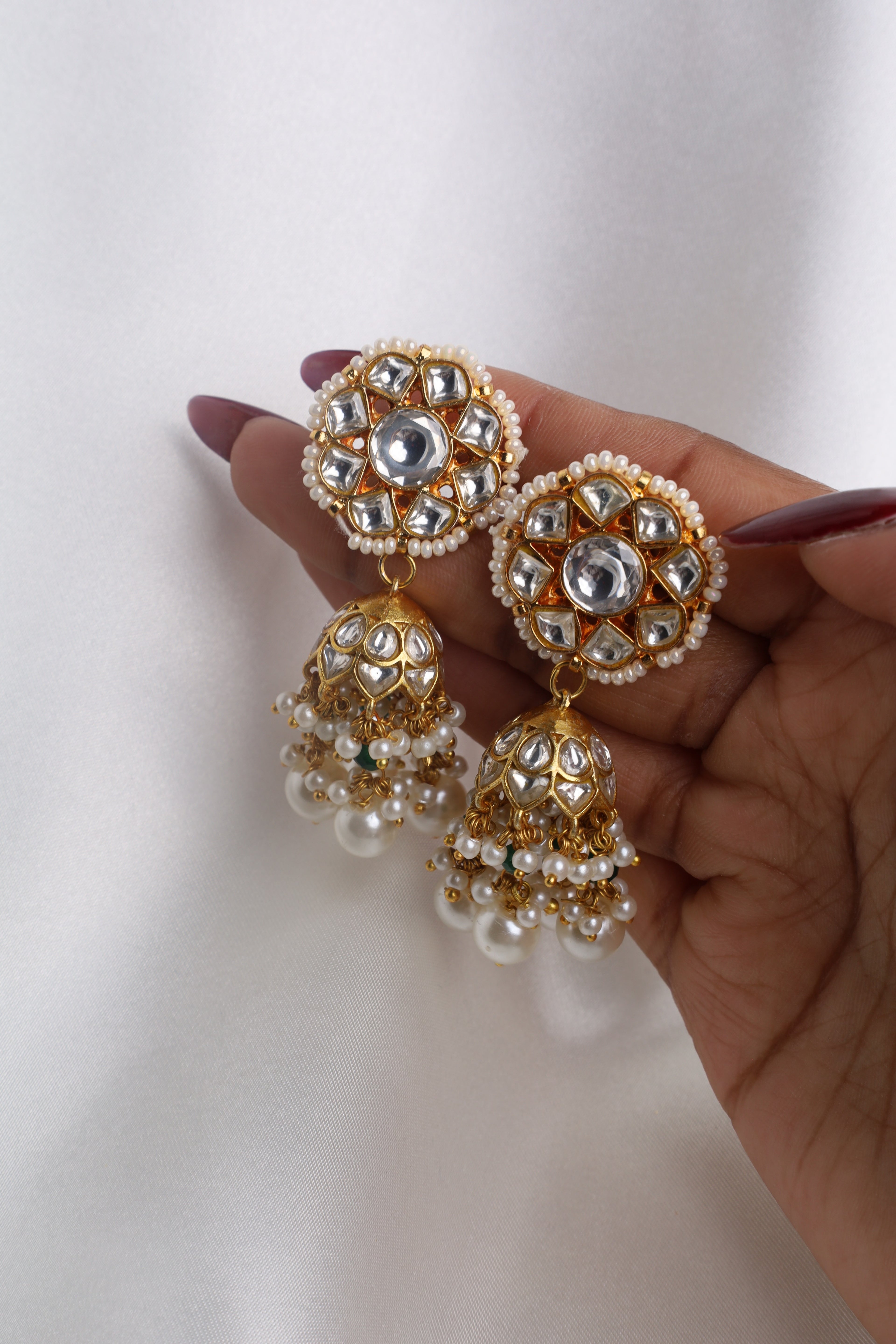 Luxury Gold Plated Green/White Pachi Kundan Bridal Set